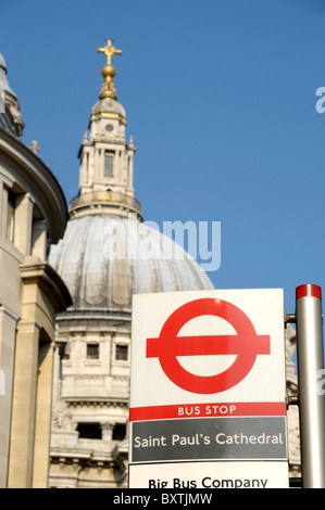 Bus Stop-Schild und St Pauls Cathedral Stockfoto