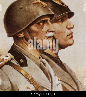 König VICTOR EMMANUEL III von Italien in ein Propagandaplakat neben Benito Mussolini auf der rechten Seite um 1942 Stockfoto