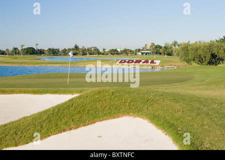 Marriott Doral Golf Resort & Spa, Miami, Florida, USA, 18. Loch & Bunker & Wasser Feature & Blumenarrangement Stockfoto