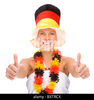 Voll isoliert Porträt einer schönen deutschen Fußball-fan Stockfoto