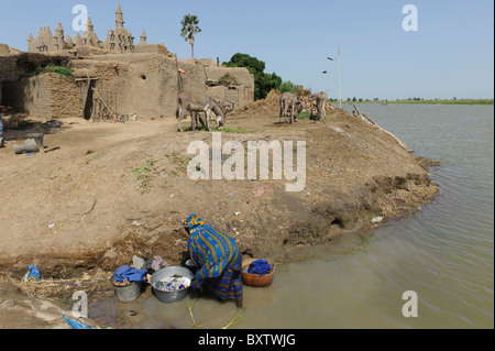 Einheimische Frau Wäsche an den Ufern des Flusses Bani. Sirimou, Mali Stockfoto