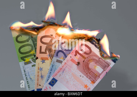 brennende Banknoten Währungskrise der Euro erwartete Zusammenbruch der einheitlichen Währung Symbolbild für den Tod des Euro Stockfoto