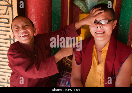 Scherz junge Tibetisch-Sherpa-Mönche, die Spaß an einem Kloster am Bodhnath in Kathmandu, Nepal Stockfoto