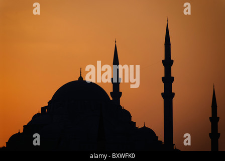 Süleymaniye-Moschee Silhouette Sonnenuntergang Istanbul Türkei // ISTANBUL, Türkei — die Süleymaniye-Moschee ist mit einem goldenen Sonnenuntergang versehen. Die Moschee wurde im 16. Jahrhundert während der Herrschaft von Sultan Suleiman dem Prachtvollen erbaut und wurde vom osmanischen Meister Mimar Sinan entworfen. Vier Minarette und die massive zentrale Kuppel prägen die ikonische Silhouette dieses kaiserlichen Moschekomplexes. Stockfoto