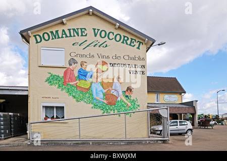 Kunst Werk Abbildung Wandbild Weinlese auf Außenseite der Vinothek Weinkeller oder Höhle Verkauf Chablis Wein Burgund Frankreich Stockfoto