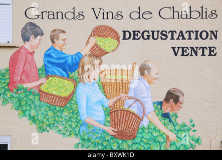Kunst Werk Abbildung Wandbild Weinlese auf Außenseite der Vinothek Weinkeller oder Höhle Verkauf Chablis Wein Burgund Frankreich Stockfoto