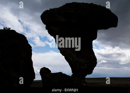 Balanced Rock State Park, erodiert Basalt Turm Felsformation auf bedeckt, Buhl, Idaho, USA Frühling Nachmittag Stockfoto
