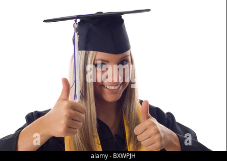 Glücklich Absolvent - beide Daumen hoch! Auf einem weißen Hintergrund isoliert Stockfoto