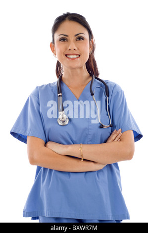 Closeup Portrait einer glücklich asiatische Ärztin schaut in die Kamera, die isoliert auf weißem Hintergrund Stockfoto