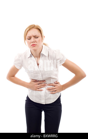 Frau mit Magen Probleme isoliert auf weißem Hintergrund Stockfoto