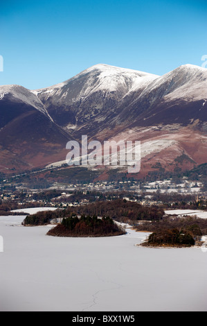 Blick über einen gefrorenen Derwent Water Bassenthwaite hin Skiddaw aus Überraschung. Stockfoto