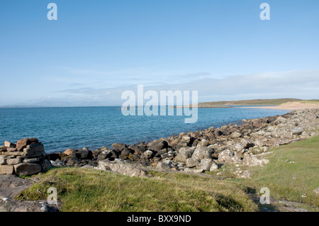 Blick auf das Meer und Strand von Rotpunkt nr Gairloch Ross & Cromarty mit Isle Of Skye im Hintergrund Hochland Schottland Stockfoto