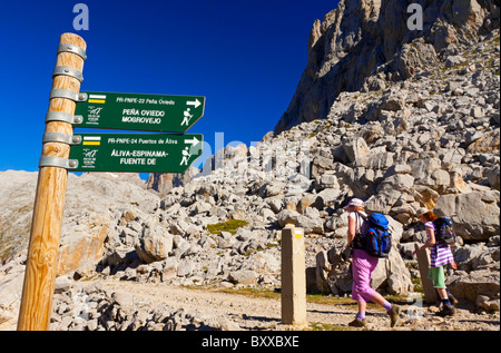 Wanderer in der Nähe von dem Gipfel der Berge in Fuente De im Picos de Europa National Park im Norden Spaniens Stockfoto