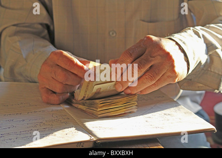 Person zählen Geld, Banknoten, indischer Währung Stockfoto