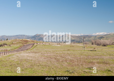 Eine 2-spurige Autobahn in der Sierra Foothills, Fresno County, Kalifornien, durchläuft Rinderfarmen und Reiterhöfe Stockfoto