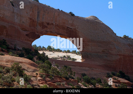 Wilson Arch ist ein natürlicher Sandstein Bogen entlang der U.S. Route 191 in der Nähe von Moab, Utah, USA. Stockfoto