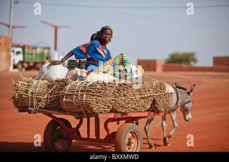 Eine Familie bringt geerntete Hirse auf den Markt von Eselskarren in Djibo, Burkina Faso. Stockfoto