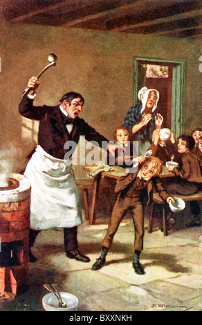 In Dickens Roman "Oliver Twist" war Oliver in einem Arbeitshaus, wo die Bedingungen waren schrecklich und er bat um mehr Nahrung. Stockfoto