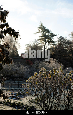 Painswick Rokoko-Garten im Winter nach starken Frost, Gloucestershire, England, Vereinigtes Königreich Stockfoto