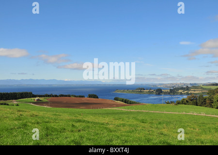 Blauer Himmelsblick auf grüne Wiesen und See Llanquihue, mit Blick auf Puerto Varas und fernen Gipfel der Anden, von Frutillar, Chile Stockfoto