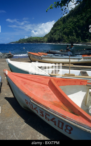 Lokale Fischerboote, Kaskaden des Hafens von Anse (zwischen Piton Sainte Rose und Bois Blanc), Insel La Réunion Stockfoto