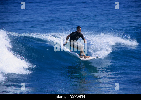 Surfer auf Welle, Pointe des Aigrettes, Saint-Gilles-Les-Bains, Insel La Réunion (Frankreich), Indischer Ozean Stockfoto