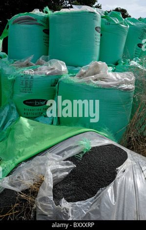 Beutel mit Biosolids Dünger aus Abwasser von Nutri Bio abgeleitet Ein Teil von Anglian Wasser geliefert, um Farm Feld in grün FIBC Jumbo Bulk Bag Super Sack UK Stockfoto