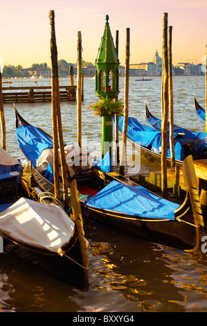 Gondeln in der frühen Morgensonne - Vnice Italien. Stockfoto