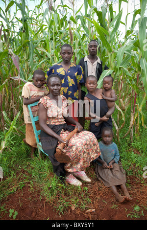 Ruthie Silondi (40) in ihrem Maisfeld mit ihrer Familie - Webuye Bezirk, West-Kenia. Stockfoto