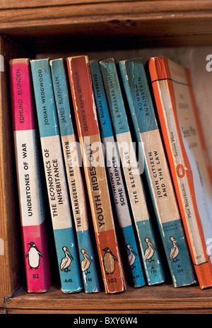 Eine Sammlung von Oldtimer Pinguin und Pelikan-Bücher auf einem Holzregal. Stockfoto