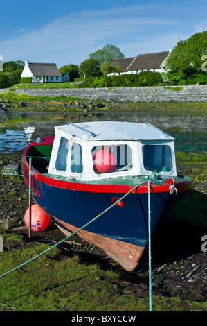 Hell gefärbt Fischerboot in den Kai und strohgedeckten Hütten in Ballyvaughan, County Clare, westlich von Irland Stockfoto