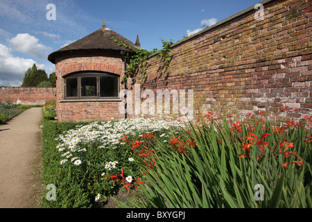 Nachlass von Tatton Park, England. Sommer-Blick auf den Gemüsegarten mit Margeriten und Montbretia in voller Blüte im Vordergrund. Stockfoto