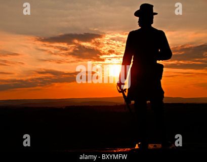 Little Round Top, Statue des Soldaten bei Sonnenuntergang Stockfoto