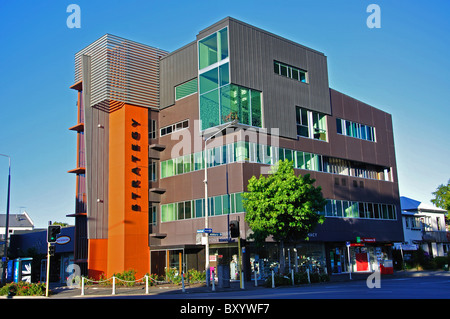 Strategie-Gebäude (zerstört durch Erdbeben 2011) an der Dämmerung, Victoria Street, Christchurch, Canterbury, Südinsel, Neuseeland Stockfoto