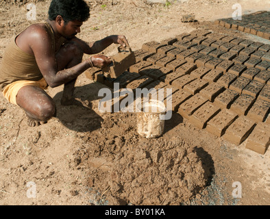 Ein Mann, der die Ziegel von hand getrocknet, dann in der Sonne In Indien Stockfoto