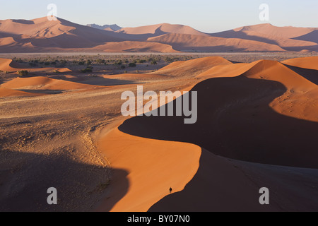 Mann Klettern Sanddünen, Namib-Naukluft-Nationalpark, Namibia Stockfoto