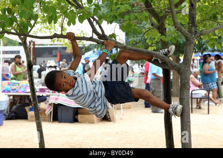 Ein junger afroamerikanischer Junge klettert während eines Kulturfestivals auf einen Baum. Stockfoto