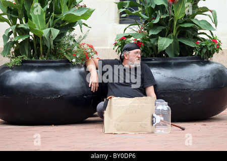 Ein Obdachloser sitzt und schreit nach Veränderung in schwierigen wirtschaftlichen Zeiten auf der Innenstadt-Mall in Charlottesville, Virginia. Stockfoto