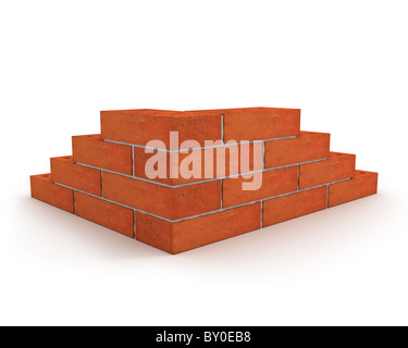 Ecke der Wand aus orange Ziegel isoliert auf weißem Hintergrund Stockfoto
