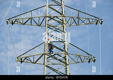 Arbeiter Klettern ein Strom Pylon, Österreich, Europa Stockfoto