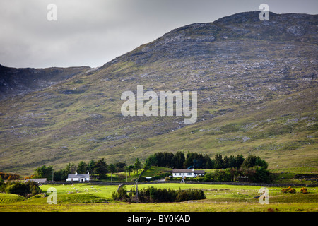 Häuser am Fuße der Maumturk Mountains in der Nähe von Aussparung, Connemara, County Galway, Irland Stockfoto