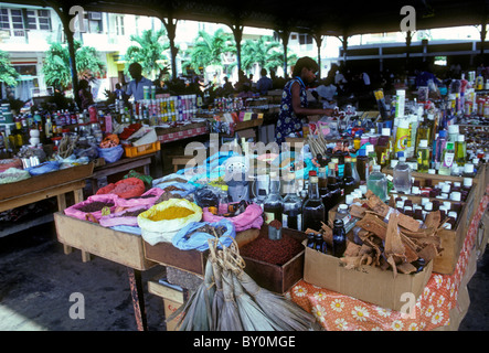 Erwachsene Frau, Anbieter, Markt, Spice Market, Markt, Central Market, Pointe-a-Pitre, Grande-Terre, Grande-Terre Insel, Guadeloupe, Frankreich Stockfoto