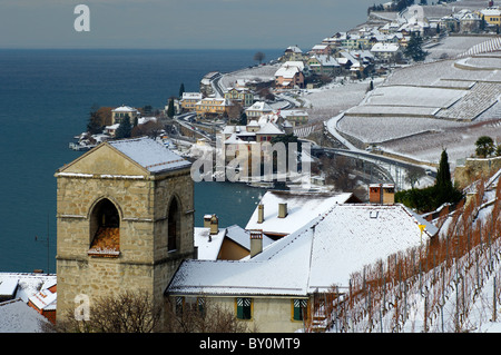 Wintereinbruch in die UNESCO-Welterbe Lavaux am Genfersee, Saint-Saphorin, Cantone Vaud, Schweiz Stockfoto