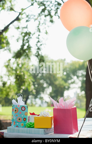 Outdoor-Geburtstagsfeier mit Luftballons Stockfoto