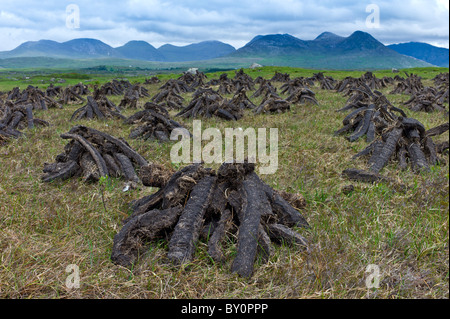 Gestapelte Torf in Turf Moor an der alten Moor Strasse nahe Roundstone, Connemara, County Galway Stockfoto