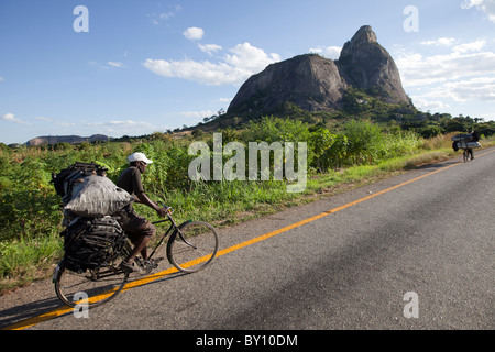 MUECATE Wald, in der Nähe von NAMPULA, Mosambik, Mai 2010: Bringing Holzkohle Nampula mit dem Fahrrad.  Meschotschek Holzkohle verkauft für 100 MT, Stockfoto