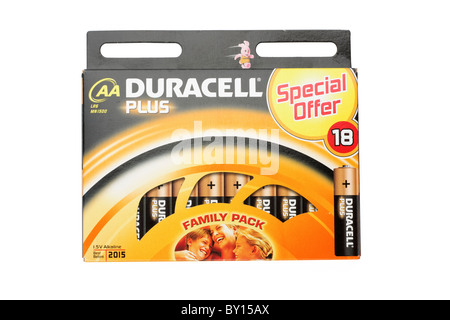 18-Box von speziellen bieten Familienpaket Duracell AA alkaline Batterien mindestens haltbar bis Datum 2015 Stockfoto