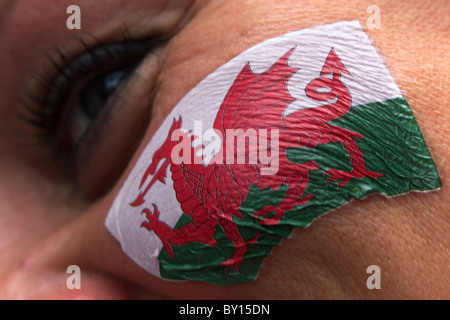 Eine walisische Flagge Übertragung auf Wales Unterstützer. Stockfoto