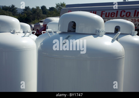 Propan Gas Cannisters werden gestapelt in einem Brennstoff-Händler. Stockfoto