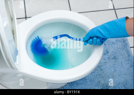 Eine Frau reinigt ein Bad-WC mit einer Bürste. Stockfoto